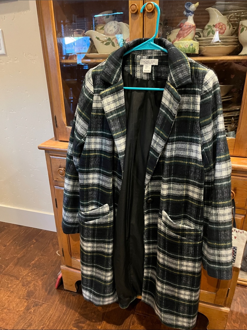 Rachel Zoe Black, White & Green Plaid Wool-Blend Pea Coat